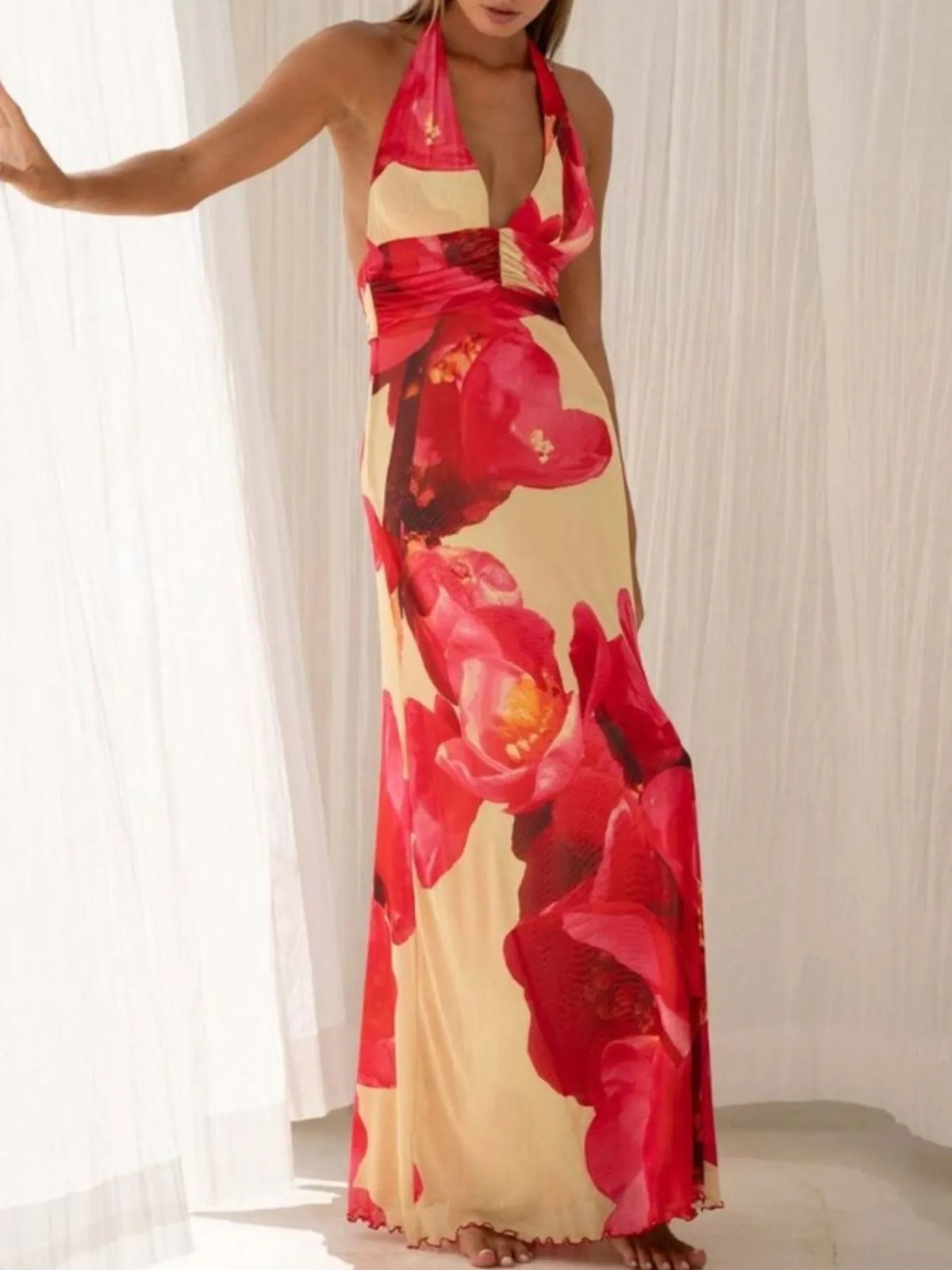 Floral Halter Neck Deep V Maxi Dress - Ladyez