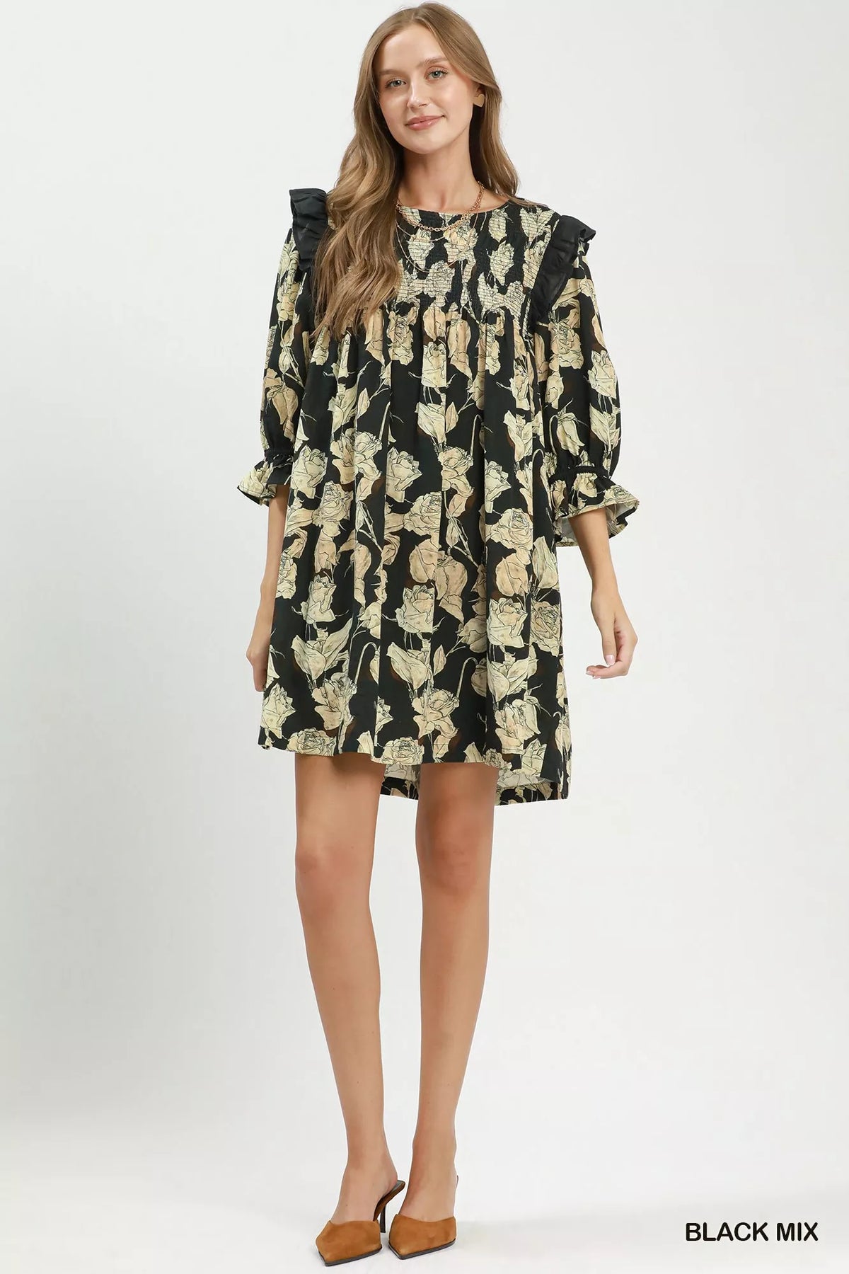 Umgee Mix Floral Print Smocked Ruffle Detail Flowy Dress