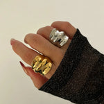 2-Piece Stainless Steel Wrinkled Wide Band Ring - Ladyez