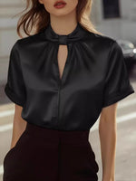 Satin Keyhole Short Sleeve Blouse