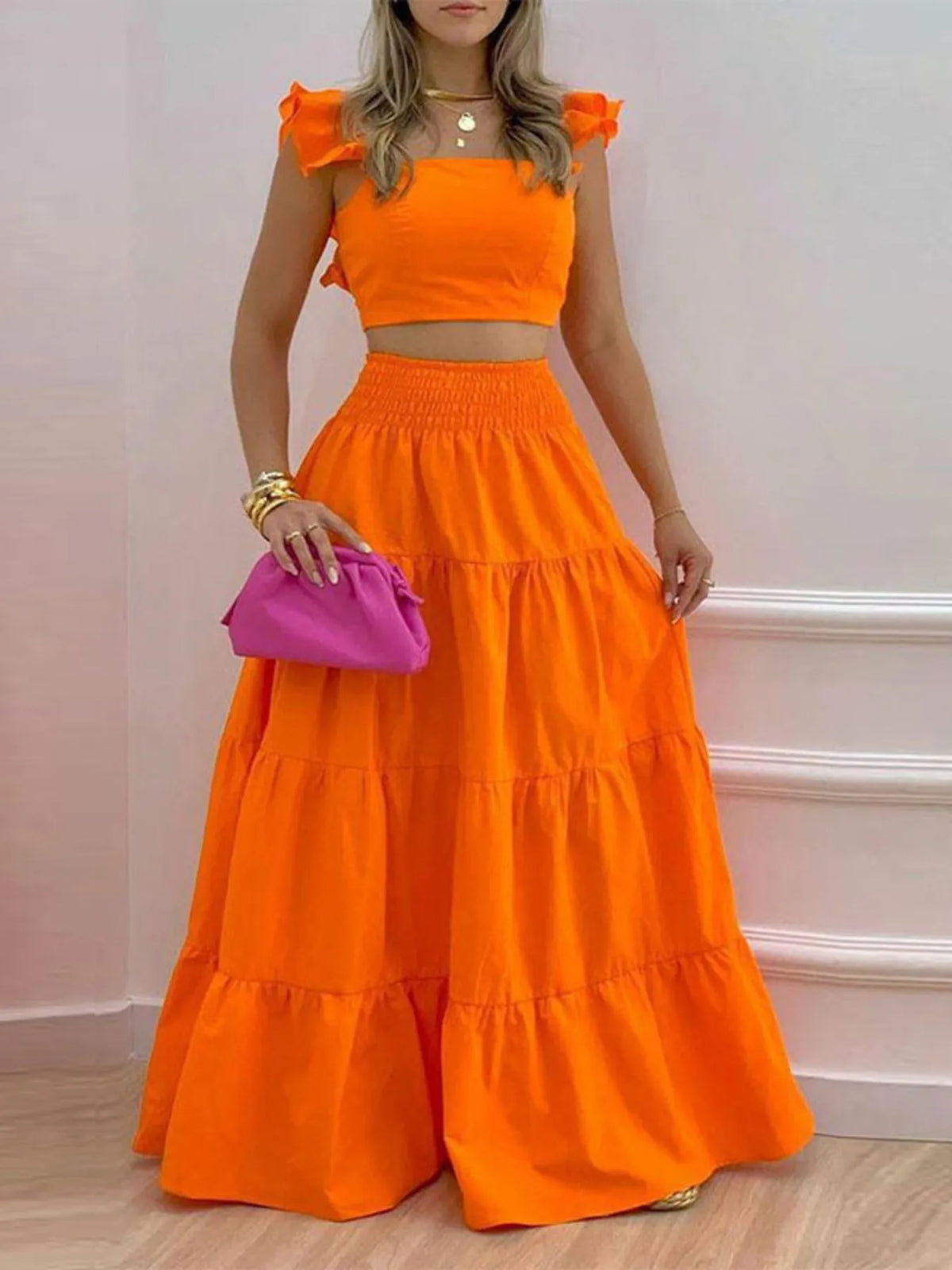 Full Size Ruffled Cami and Tiered Maxi Skirt Set Plus Size - Ladyez