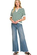 Zenana Split Neck Stripe Short Sleeve Sweater