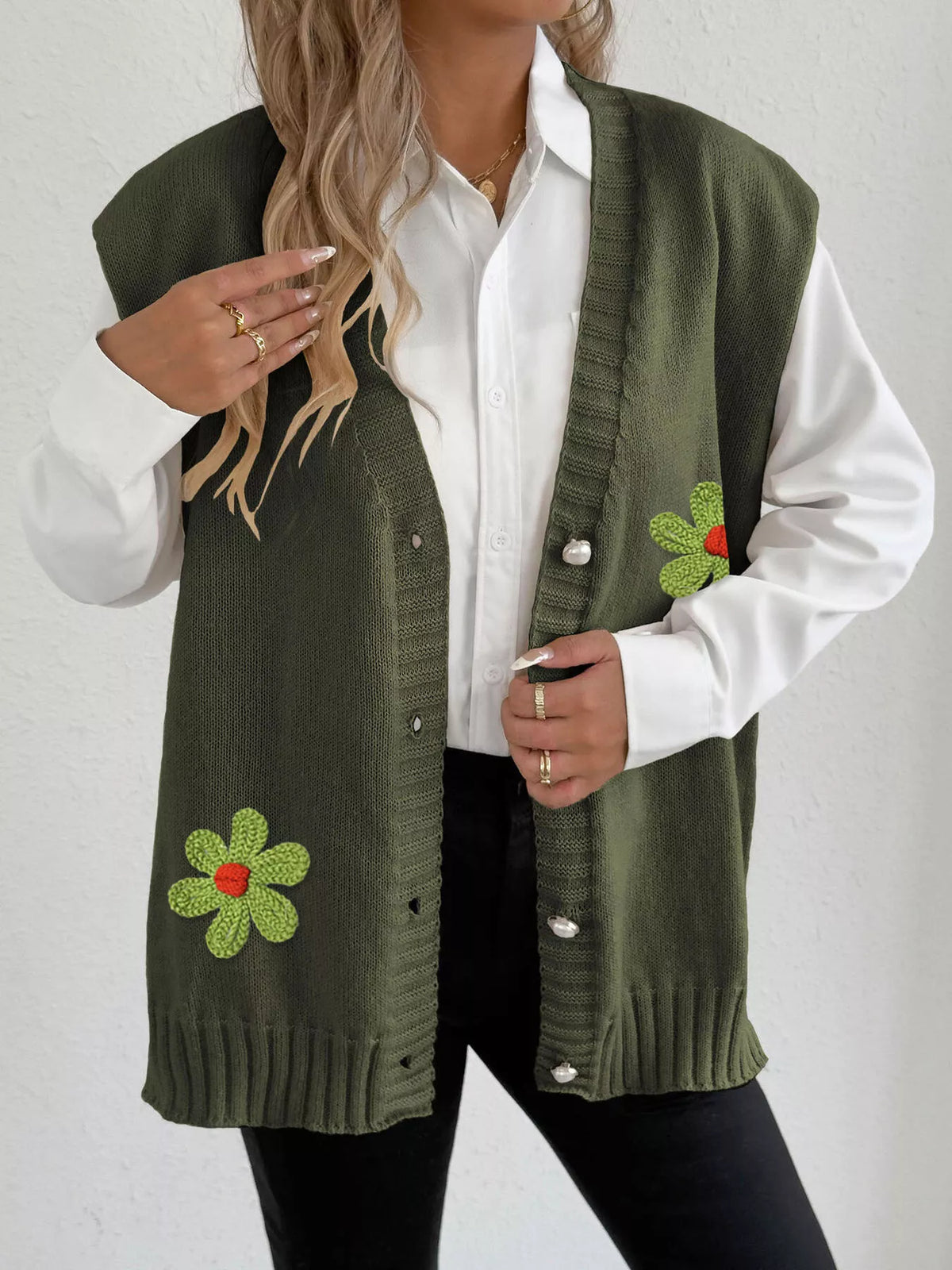 Flower V-Neck Sleeveless Cardigan