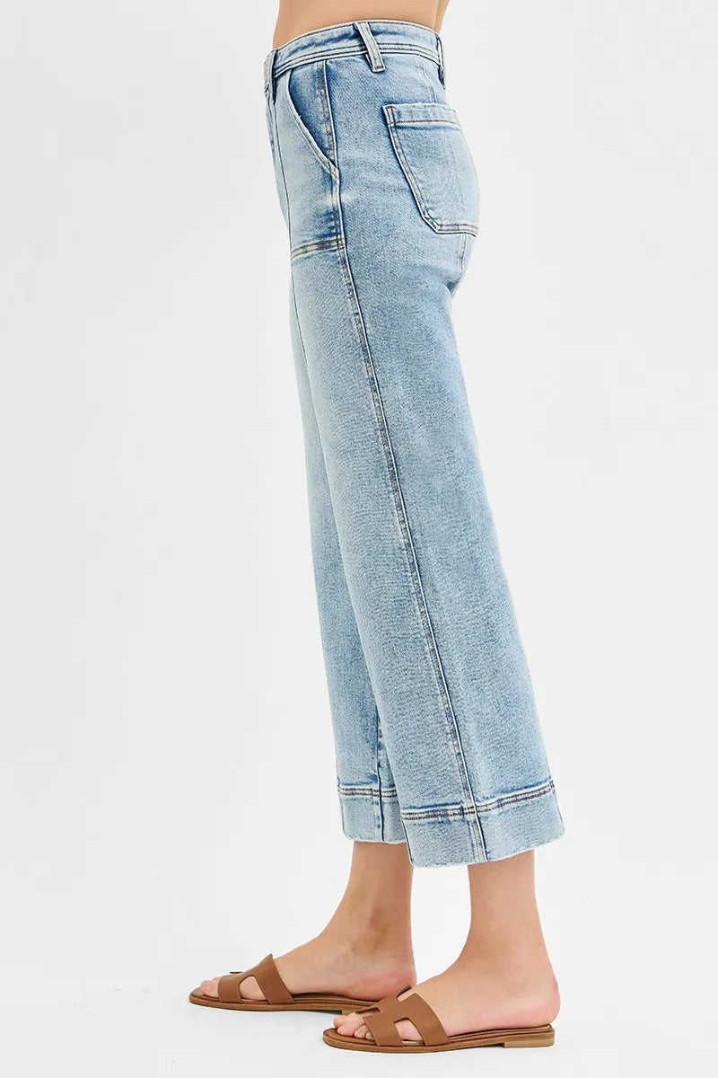 RISEN Full Size High Rise Crop Wide Front Seam Detailed Jeans Plus Size - Ladyez