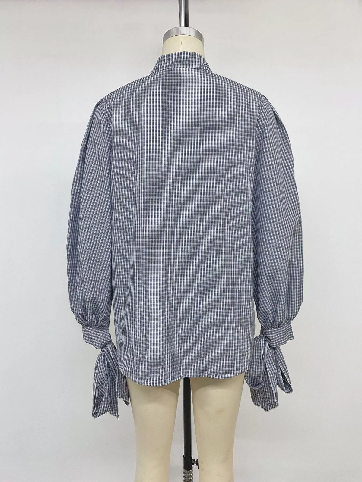 Gingham Button Up Shirt with Tie-Sleeve Detail