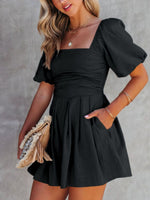 Square Neck Ruched Puff Sleeve Romper