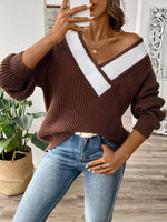 Contrast Trim V-Neck Ribbed Sweater