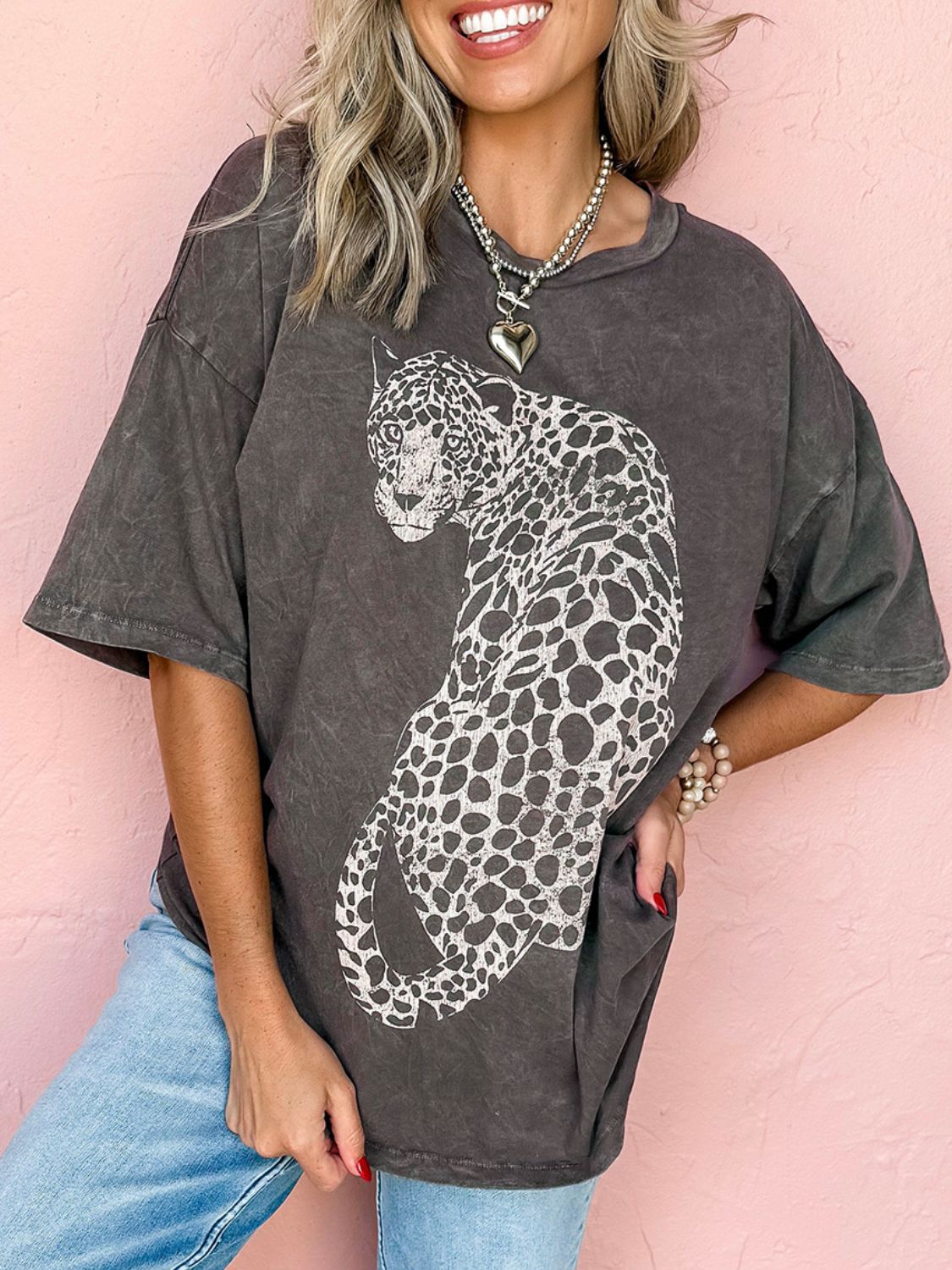 Cheetah Mineral Wash Round Neck Half Sleeve T-Shirt - Ladyez