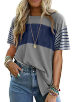 Color Block Striped Sleeve Casual T-Shirt - Ladyez