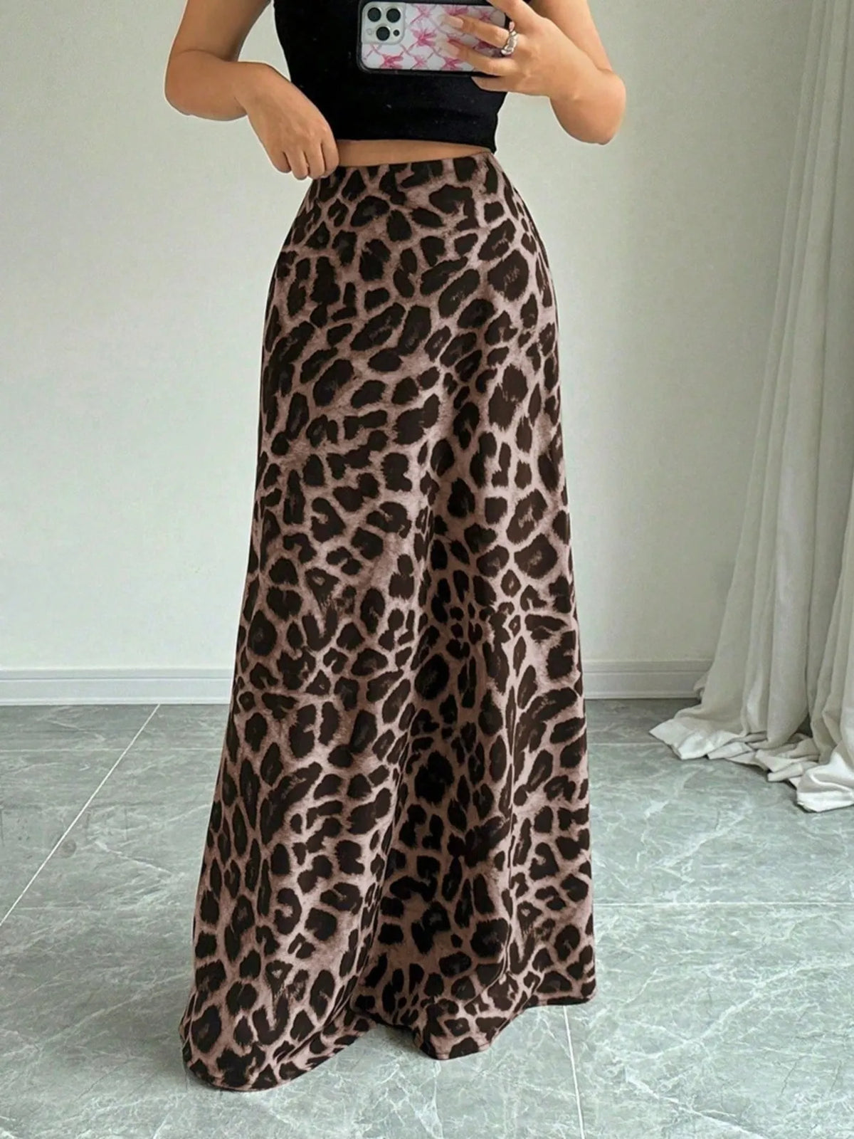 Leopard Print High-Waisted Maxi Skirt - Ladyez