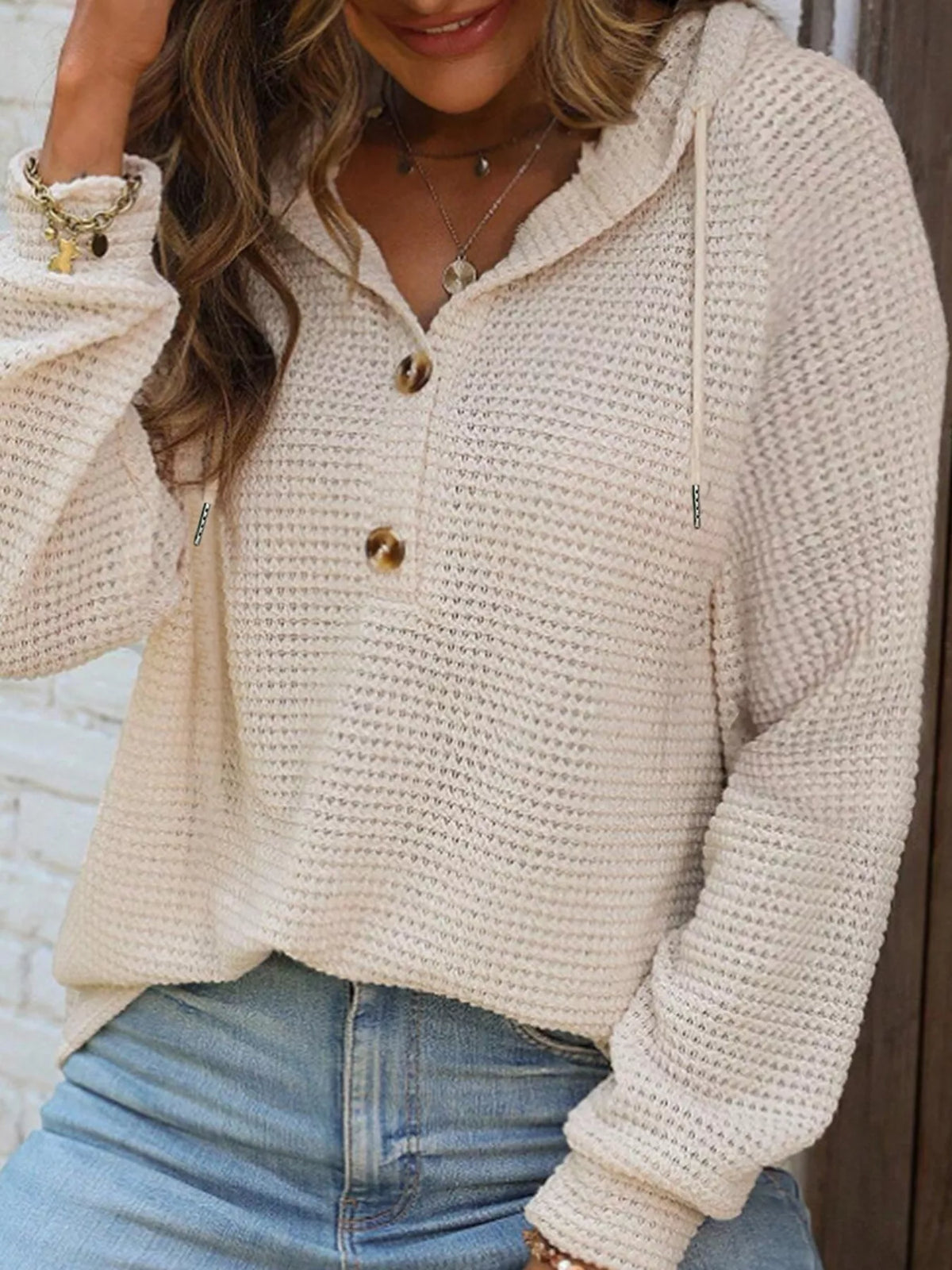 Casual Waffle Knit Button Detail Hoodie