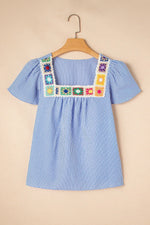 Stripe Textured Ruffle Short Sleeve Boho Detail Square Neck Blouse