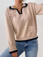 Flower Contrast Trim Dropped Shoulder Sweater