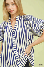 Umgee Striped Notched Top with Short Flutter Sleeves