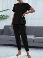 Shiny Round Neck Short Sleeve Top and Pants Set - Ladyez
