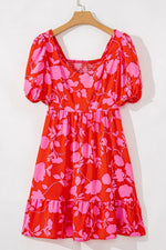 Floral Puff Sleeve Sweetheart Neck Ruffled Mini Dress