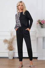 Leopard Round Neck Top and Drawstring Pants Lounge Set - Ladyez