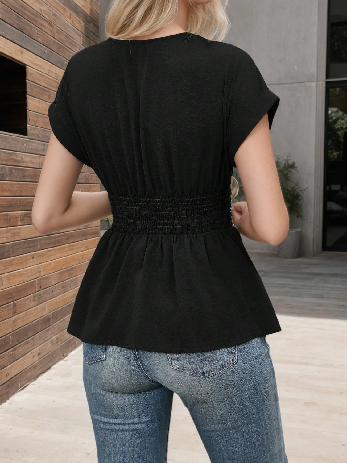 Surplice Short Sleeve Blouse - Ladyez