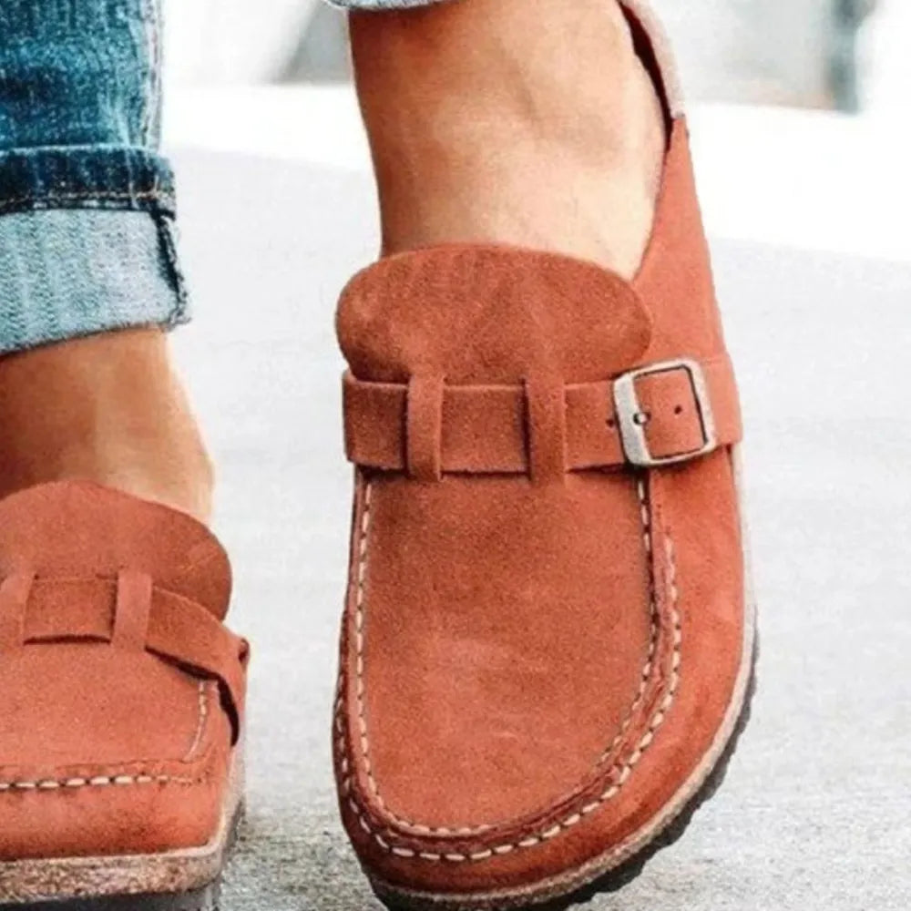 Round Toe Low Heel Buckle Loafers - Ladyez