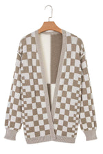 Checkerboard Print Open Front Knit Cardigan