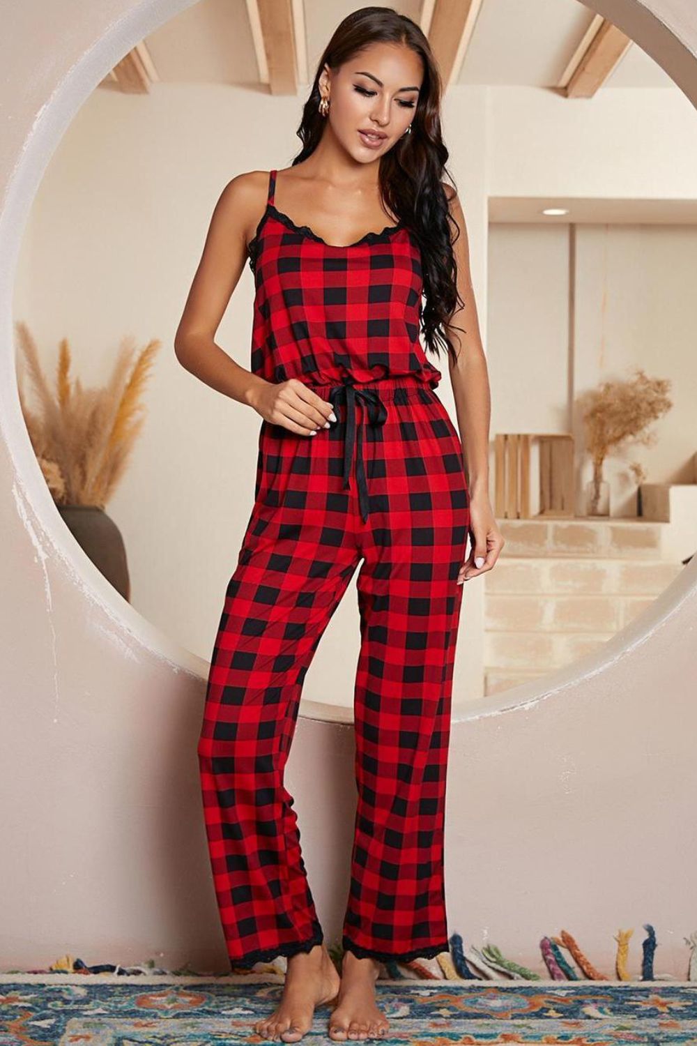 Plaid Lace Trim Spaghetti Strap Jumpsuit - Ladyez