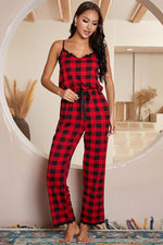 Plaid Lace Trim Spaghetti Strap Jumpsuit - Ladyez