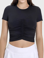 Millennia Ruched Round Neck Short Sleeve Active T-Shirt - Ladyez