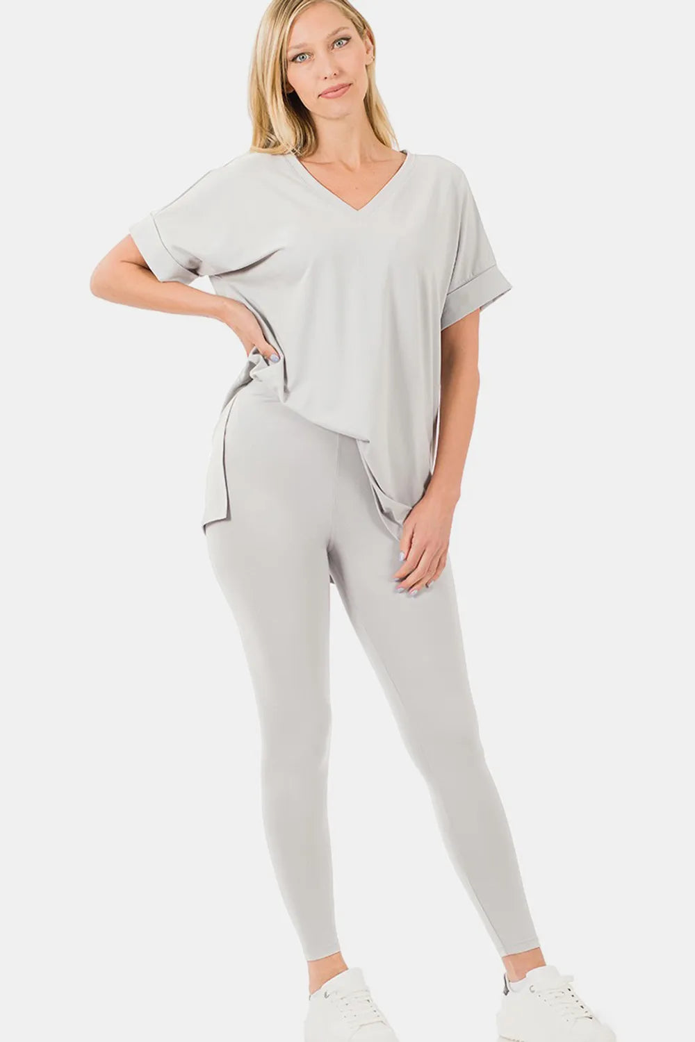 Zenana V-Neck Rolled Short Sleeve T-Shirt and Leggings Lounge Set - Ladyez