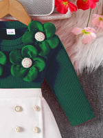 Children's Floral Applique Ribbed Top & Button Decor Skirt Set