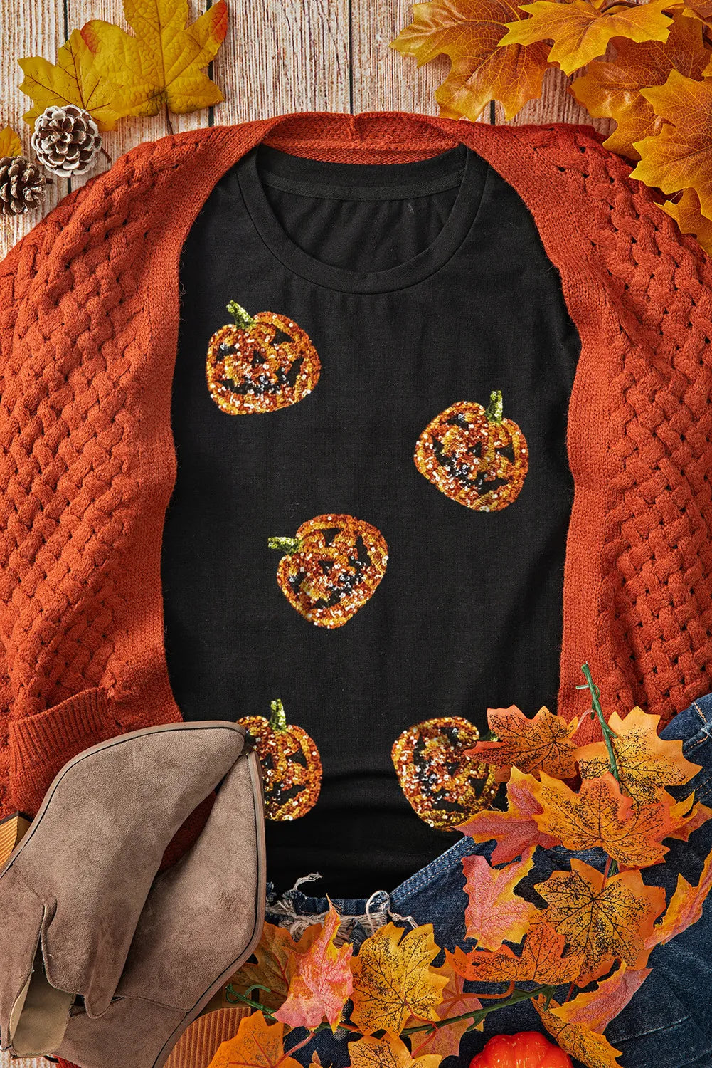 Sequin Pumpkin Round Neck Short Sleeve T-Shirt - Ladyez