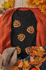 Sequin Pumpkin Round Neck Short Sleeve T-Shirt - Ladyez