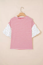 Stripe Floral Puff Sleeve Patchwork Round Neck Loose Top