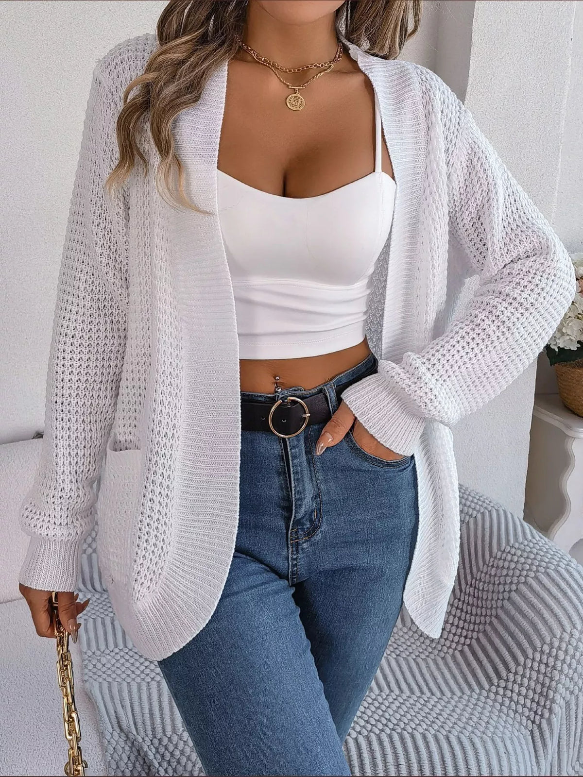 Chunky Knit Open Front Cardigan with Pockets