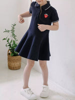 Children's Polo Collar Flared Dress with Heart Embroidery