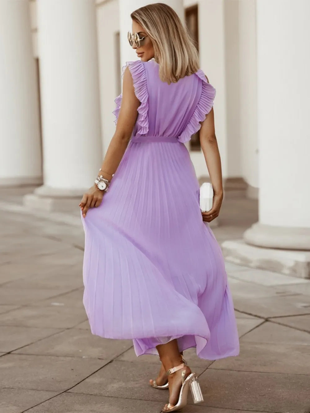 Tied Surplice Cap Sleeve Pleated Dress - Ladyez