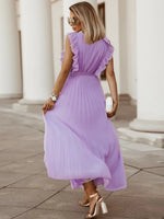 Tied Surplice Cap Sleeve Pleated Dress - Ladyez