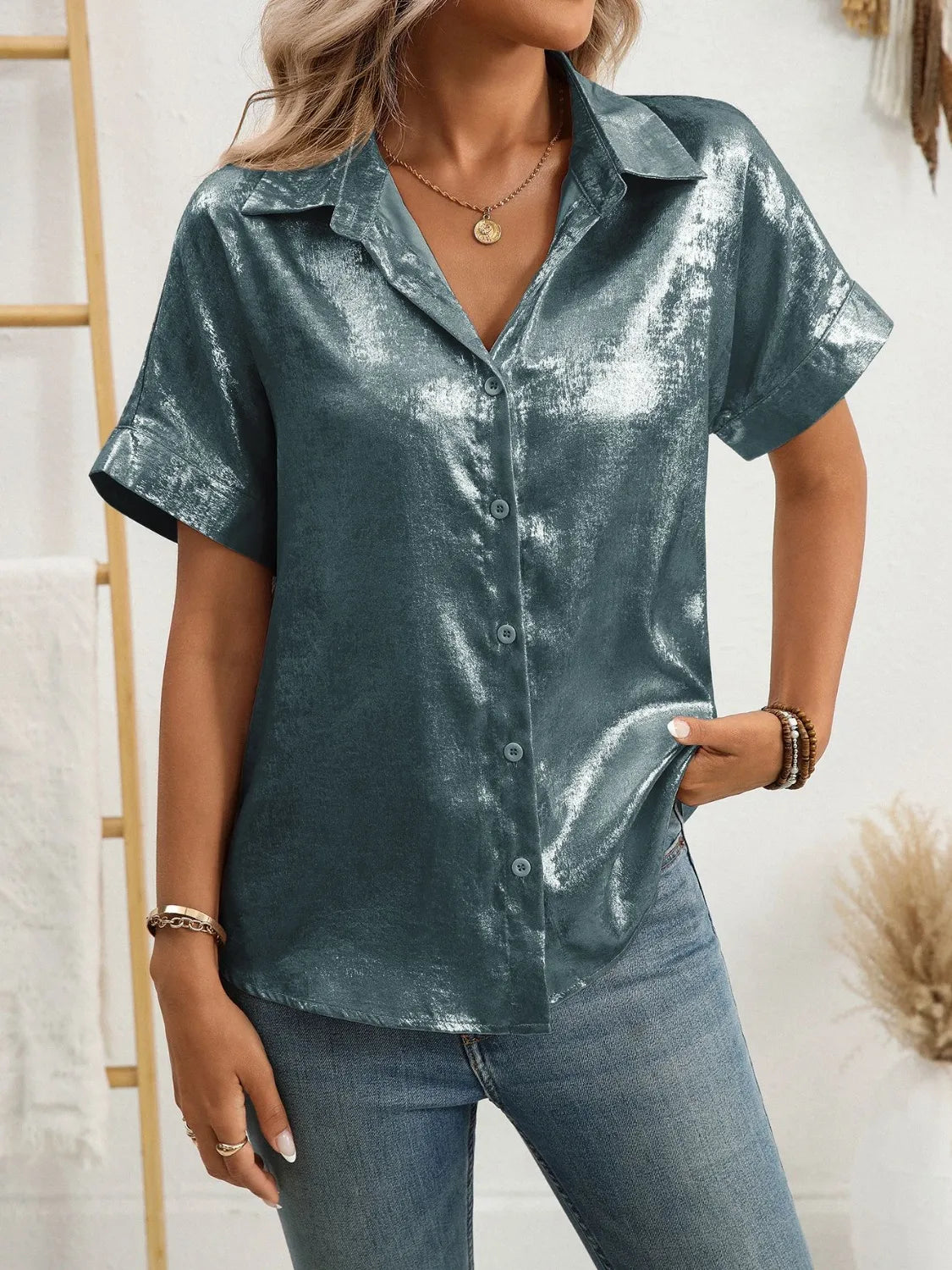 Button Up Short Sleeve Shirt - Ladyez