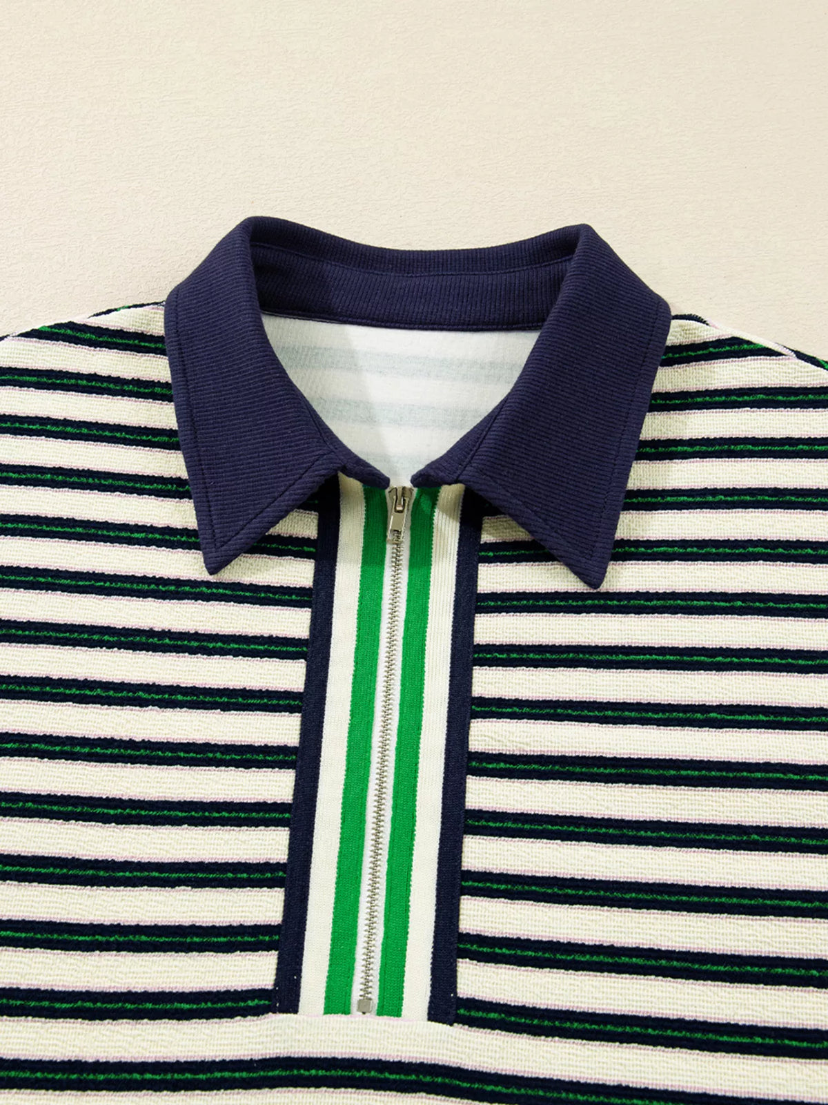 Striped Print Contrast Collar Zip V Neck Long Sleeve Top