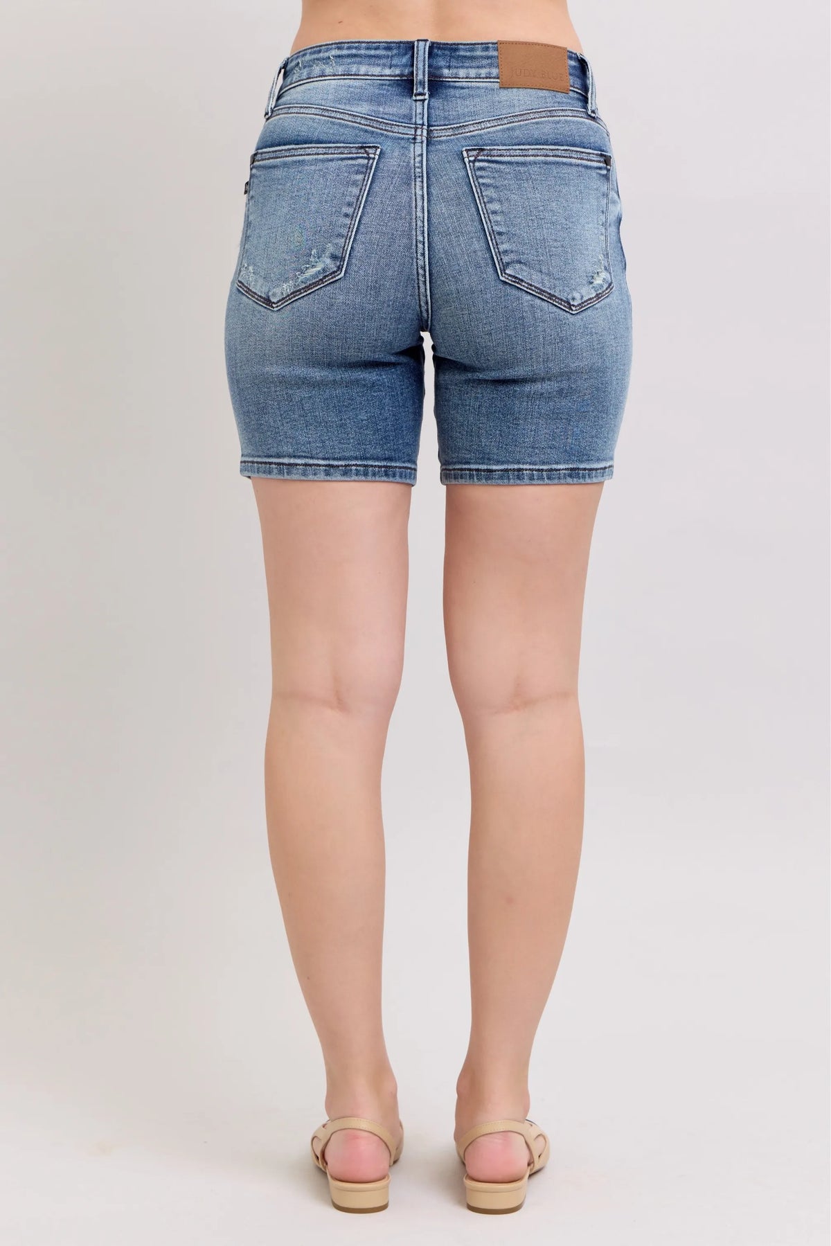 Judy Blue Button Fly Mid Length Denim Shorts W/ Destroy - Ladyez