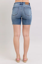 Judy Blue Button Fly Mid Length Denim Shorts W/ Destroy - Ladyez