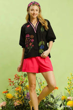 Umgee Embroidered Floral V-Neck Blouse