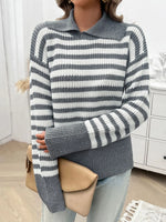 Devine Striped Collared Neck Long Sleeve Sweater
