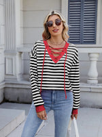 Lace-Up Striped Long Sleeve T-Shirt