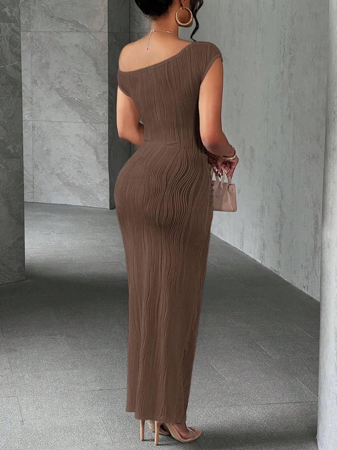 Textured Single Shoulder Maxi Dress - Ladyez
