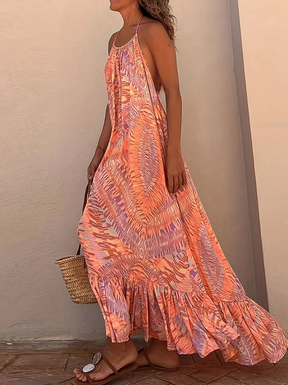 Backless Printed Halter Neck Maxi Cami Dress - Ladyez