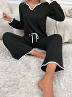 Contrast Trim Notched Long Sleeve Top and Pants Lounge Set - Ladyez