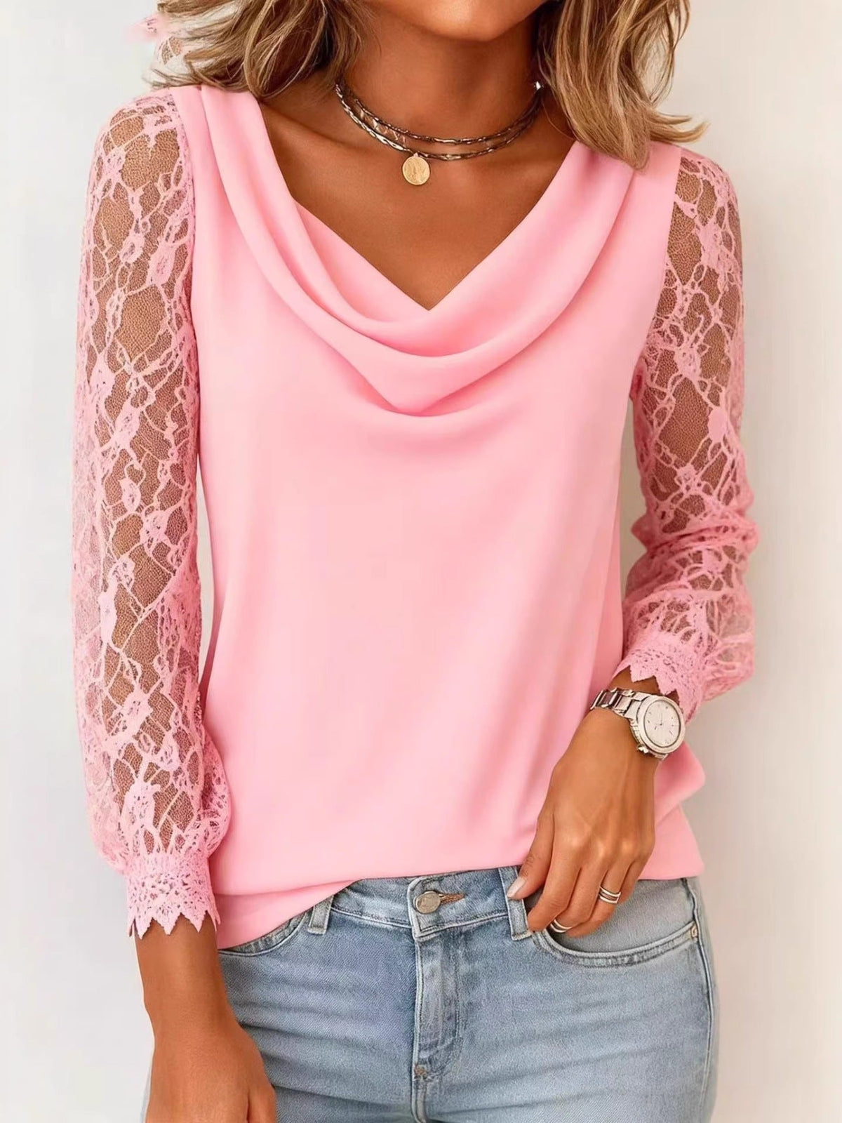 Lace Sleeve Cowl Neck Blouse