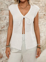 Tied Front Openwork V-Neck Knit Top