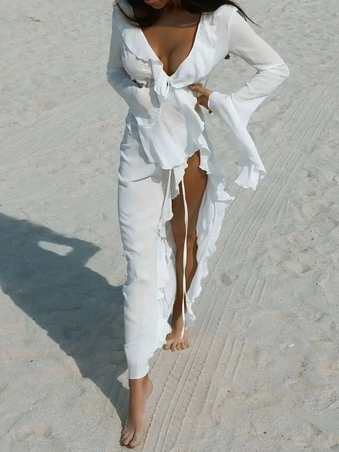 Ruffled Long Sleeve Cover-Up Dress - Ladyez