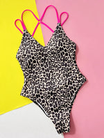 Leopard Plunge Spaghetti Strap One-Piece Swimwear - Ladyez